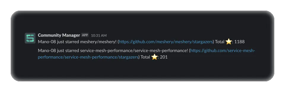 Slack notification of GitHub stars applied to Meshery
